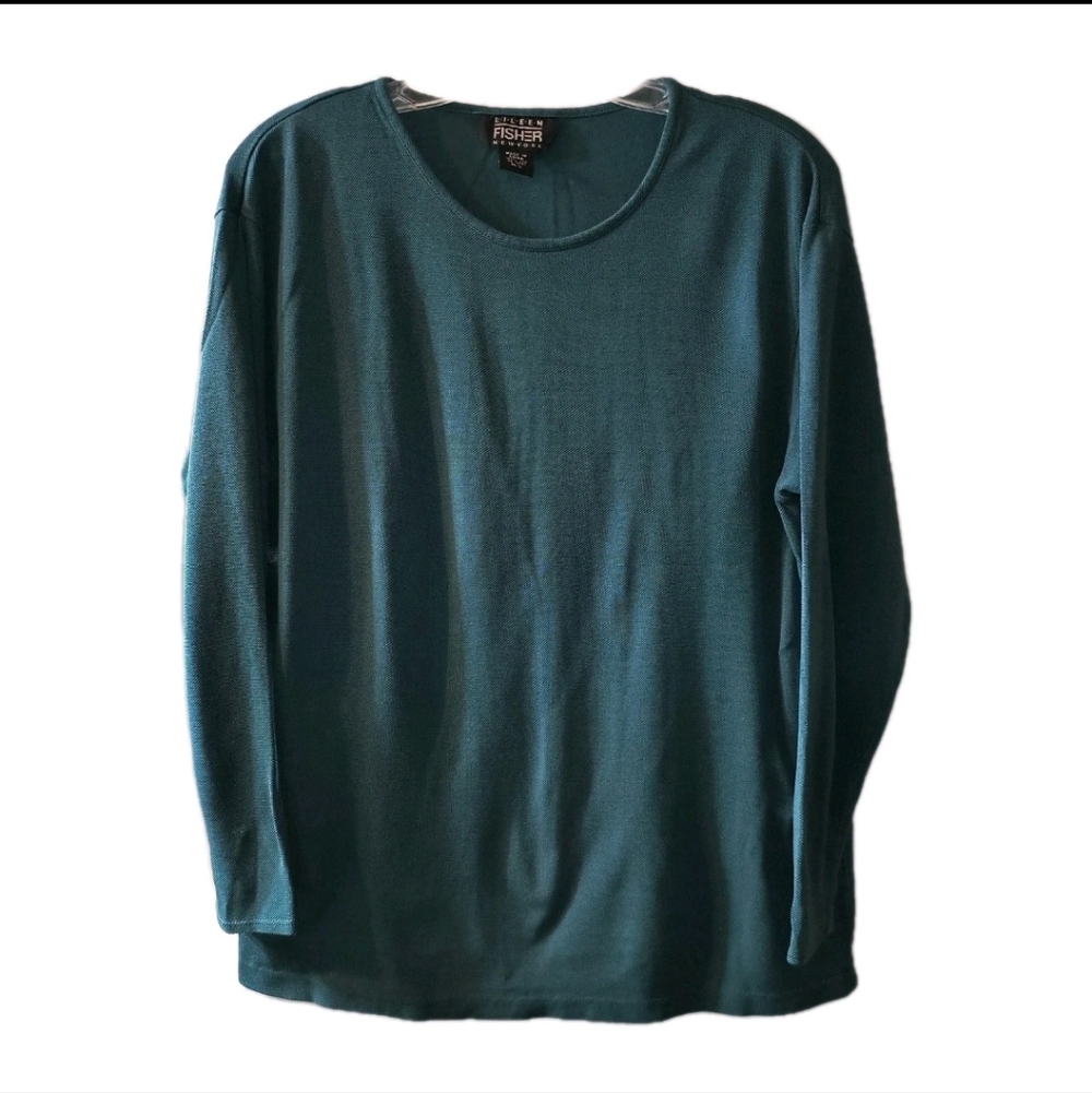 Vintage Eileen Fisher 100% Silk Knit Top Teal Blue Green Long Sleeve M/L